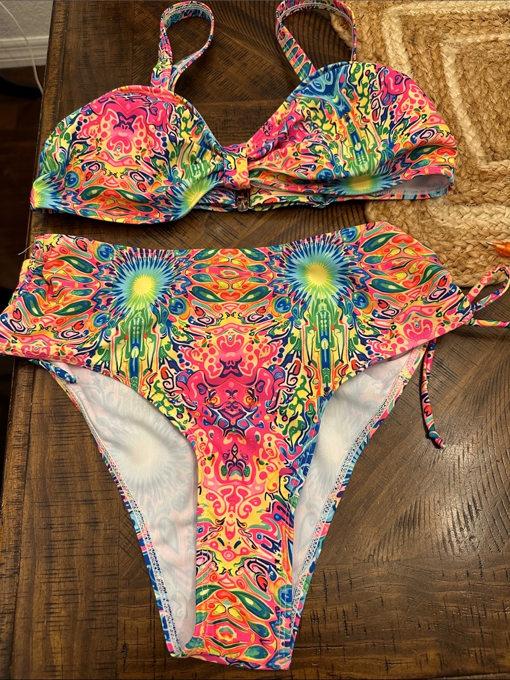 Bright Multi-Color Patterned Bikini Top and High-Waist Bottom